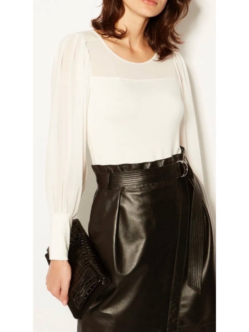 KAREN MILLEN Draped Sleeve Blouse WHITE CREAM UK 8 US 4/S SEMI SHEER ELEGANT EUC